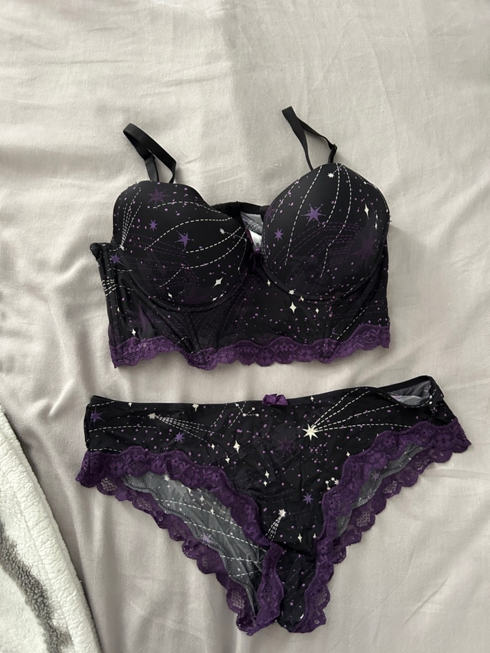 Black & Purple Star-Print Longline Bra and Bikini Set